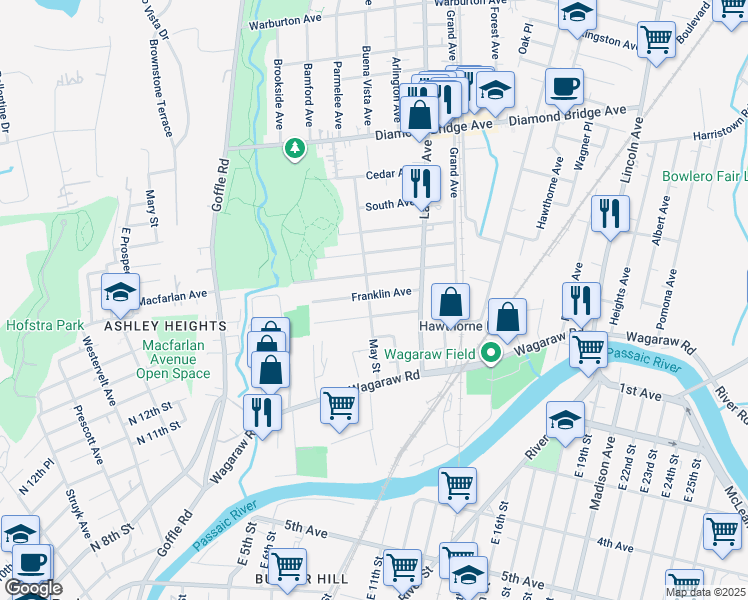 map of restaurants, bars, coffee shops, grocery stores, and more near 180 Maitland Avenue in Hawthorne