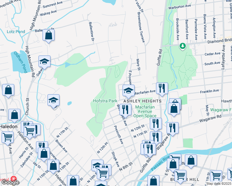 map of restaurants, bars, coffee shops, grocery stores, and more near 40 West Prospect Street in Hawthorne