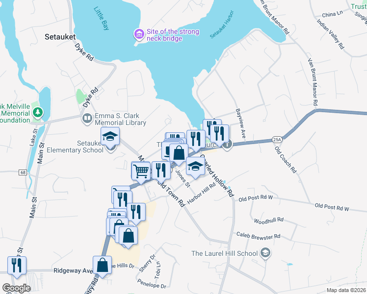 map of restaurants, bars, coffee shops, grocery stores, and more near 21 Brewster Lane in Setauket- East Setauket