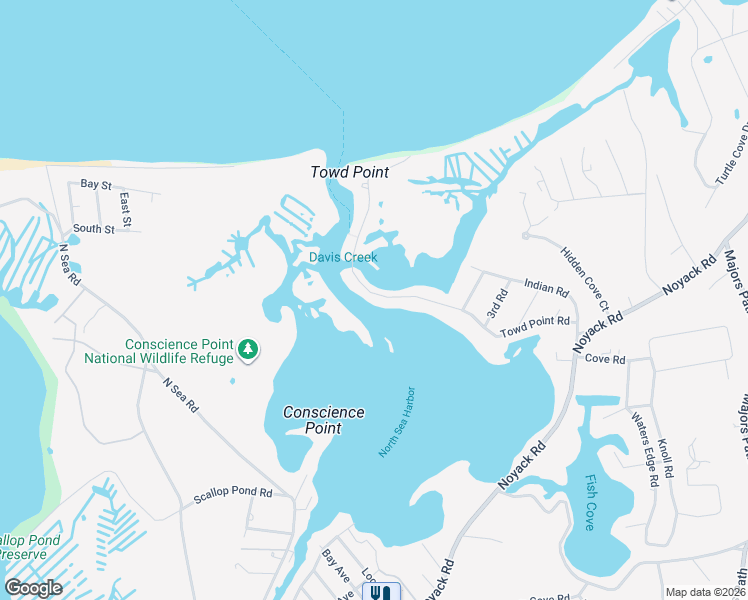 map of restaurants, bars, coffee shops, grocery stores, and more near 257 Towd Point Road in Southampton