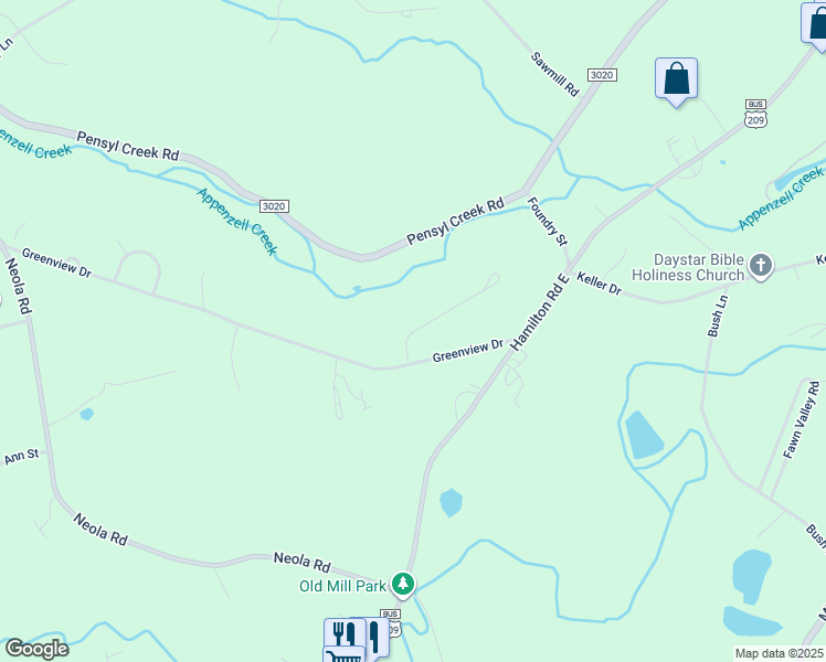 map of restaurants, bars, coffee shops, grocery stores, and more near Sandhill Terrace in Stroudsburg
