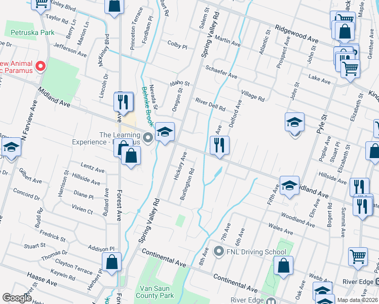 map of restaurants, bars, coffee shops, grocery stores, and more near 315 East Midland Avenue in Paramus