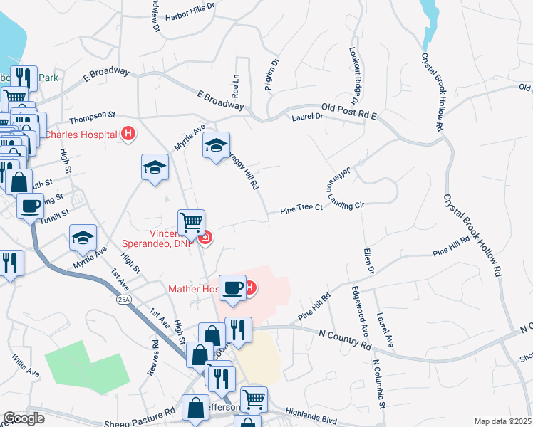 map of restaurants, bars, coffee shops, grocery stores, and more near 550 Scraggy Hill Road in Port Jefferson