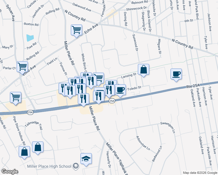 map of restaurants, bars, coffee shops, grocery stores, and more near 8 Sorrento Court in Miller Place