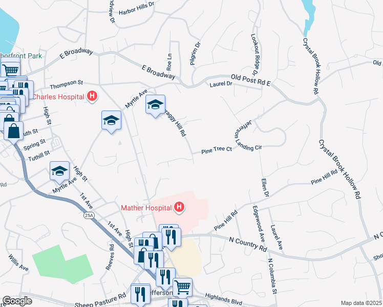 map of restaurants, bars, coffee shops, grocery stores, and more near 550 Scraggy Hill Road in Port Jefferson