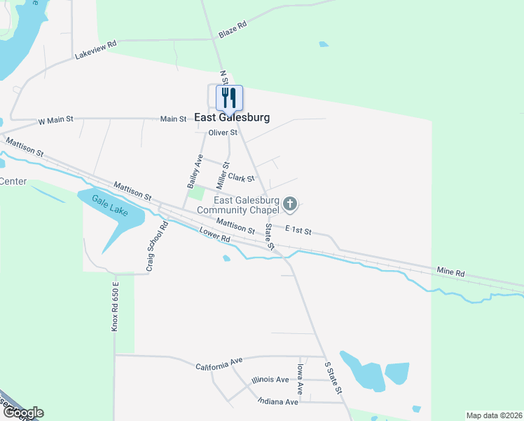 map of restaurants, bars, coffee shops, grocery stores, and more near 107 Harrison Street in East Galesburg
