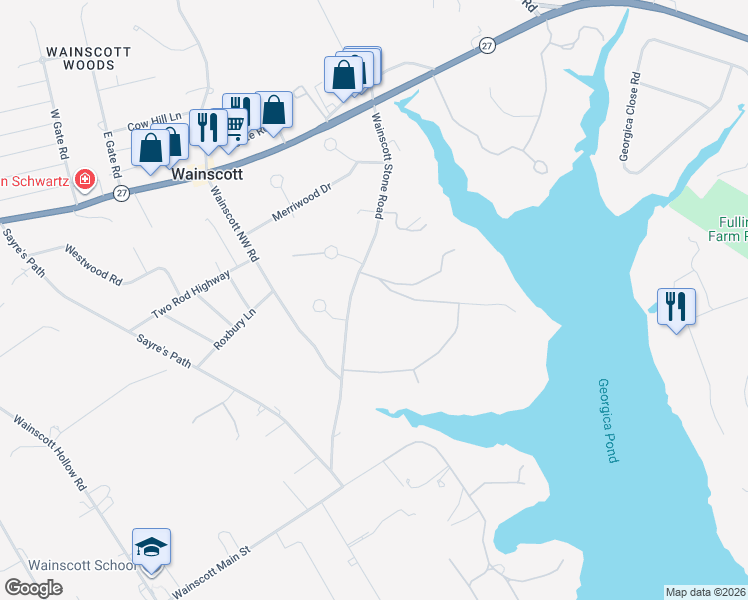map of restaurants, bars, coffee shops, grocery stores, and more near 58 Wainscott Stone Road in Wainscott