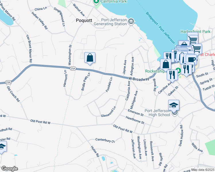 map of restaurants, bars, coffee shops, grocery stores, and more near 105 Foxdale Lane in Port Jefferson