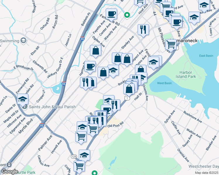 map of restaurants, bars, coffee shops, grocery stores, and more near 175 Rockland Avenue in Mamaroneck