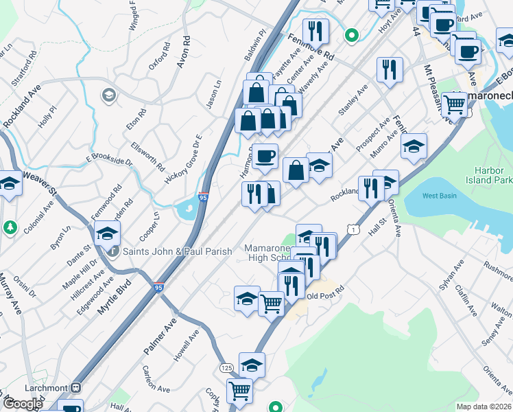 map of restaurants, bars, coffee shops, grocery stores, and more near 907 Palmer Avenue in Mamaroneck