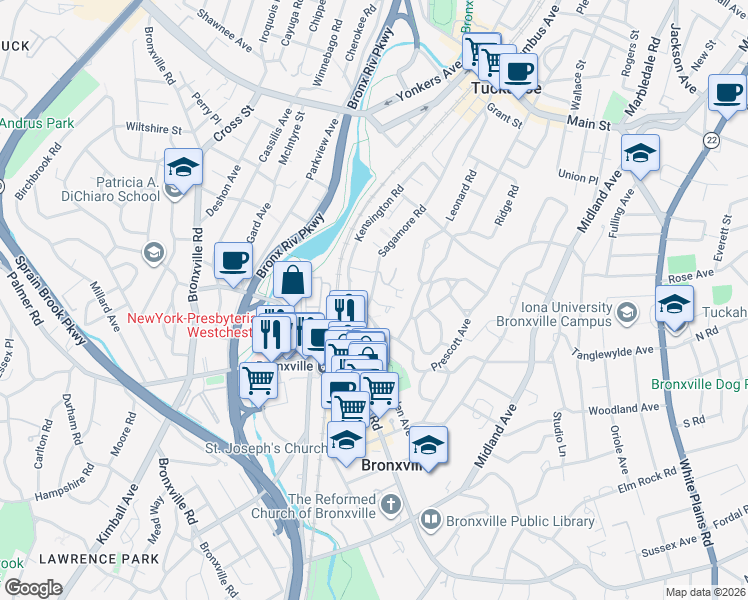 map of restaurants, bars, coffee shops, grocery stores, and more near 44 Sagamore Road in Bronxville