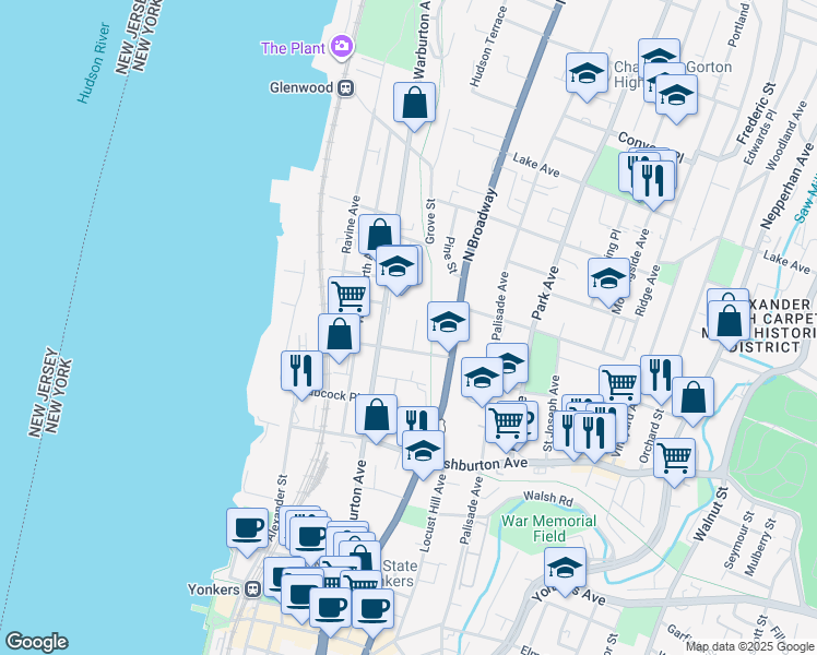 map of restaurants, bars, coffee shops, grocery stores, and more near 28 Lamartine Terrace in Yonkers