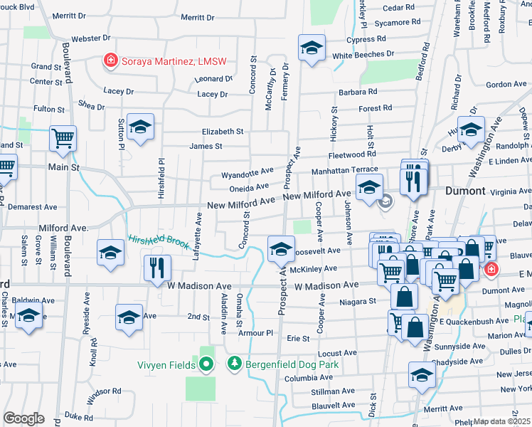 map of restaurants, bars, coffee shops, grocery stores, and more near 291 New Milford Avenue in Dumont