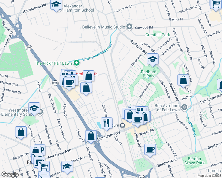 map of restaurants, bars, coffee shops, grocery stores, and more near 348 Plaza Road North in Fair Lawn