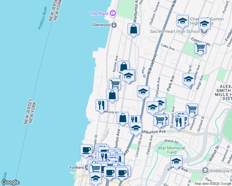 map of restaurants, bars, coffee shops, grocery stores, and more near 177 Woodworth Avenue in Yonkers
