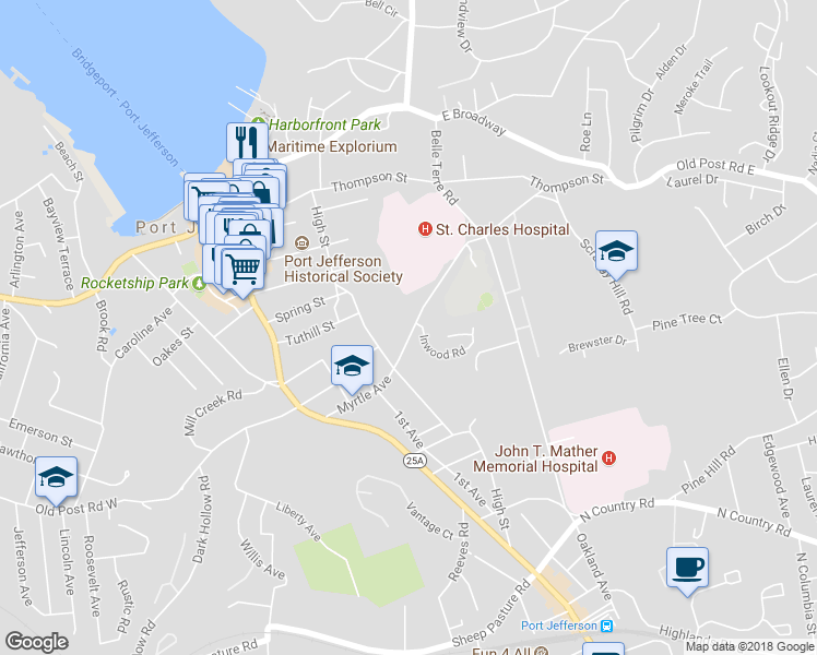 map of restaurants, bars, coffee shops, grocery stores, and more near 415 Myrtle Avenue in Port Jefferson