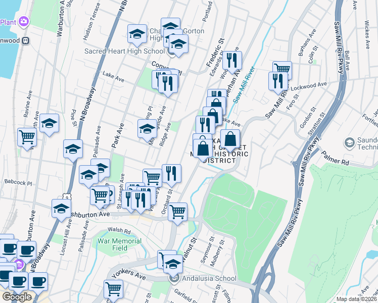 map of restaurants, bars, coffee shops, grocery stores, and more near 37 Moquette Row South in Yonkers