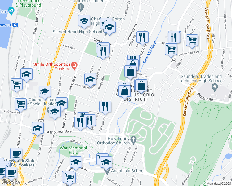 map of restaurants, bars, coffee shops, grocery stores, and more near 37 Moquette Row South in Yonkers