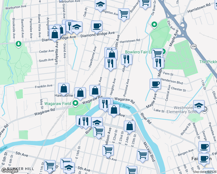map of restaurants, bars, coffee shops, grocery stores, and more near 58 Lincoln Avenue in Hawthorne