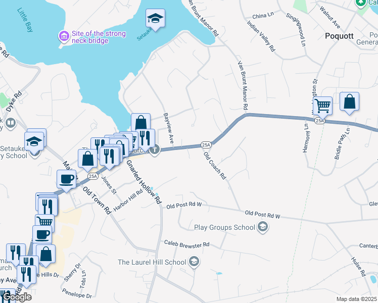 map of restaurants, bars, coffee shops, grocery stores, and more near 343 Main Street in Setauket- East Setauket