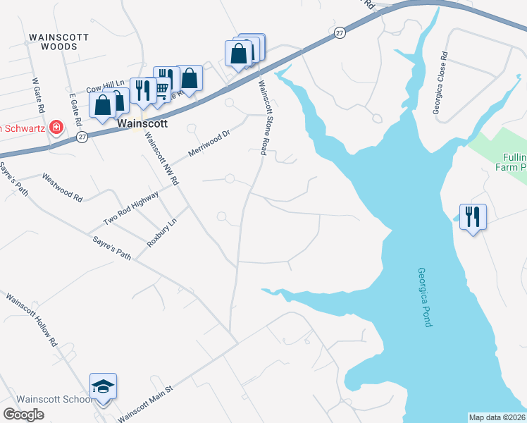 map of restaurants, bars, coffee shops, grocery stores, and more near 58 Wainscott Stone Road in Wainscott