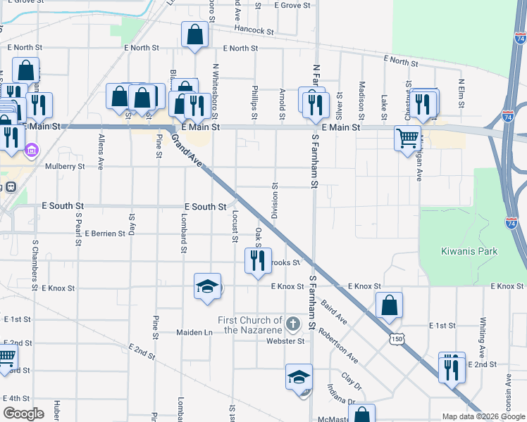 map of restaurants, bars, coffee shops, grocery stores, and more near 1491 Haynor Street in Galesburg