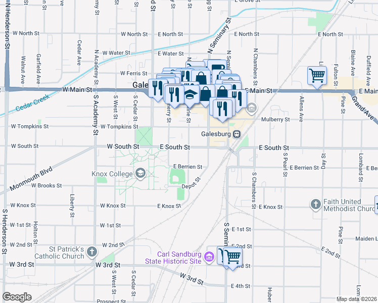 map of restaurants, bars, coffee shops, grocery stores, and more near 323 South Prairie Street in Galesburg