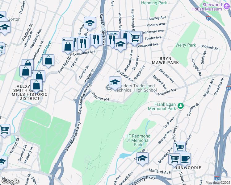 map of restaurants, bars, coffee shops, grocery stores, and more near 183 Palmer Road in Yonkers