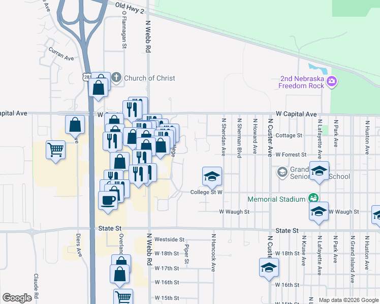map of restaurants, bars, coffee shops, grocery stores, and more near 17 Vía Trivoli in Grand Island