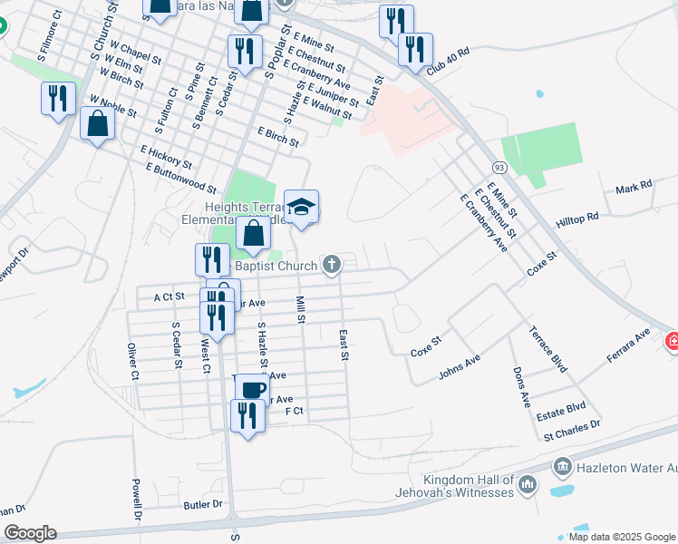 map of restaurants, bars, coffee shops, grocery stores, and more near East Street in Hazleton