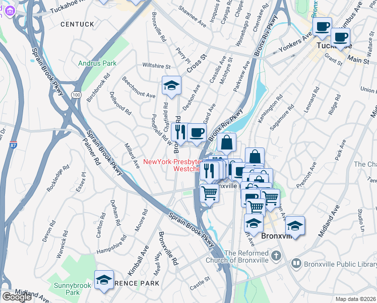 map of restaurants, bars, coffee shops, grocery stores, and more near 45 Pondfield Road West in Bronxville