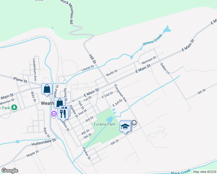 map of restaurants, bars, coffee shops, grocery stores, and more near 672 East Main Street in Weatherly