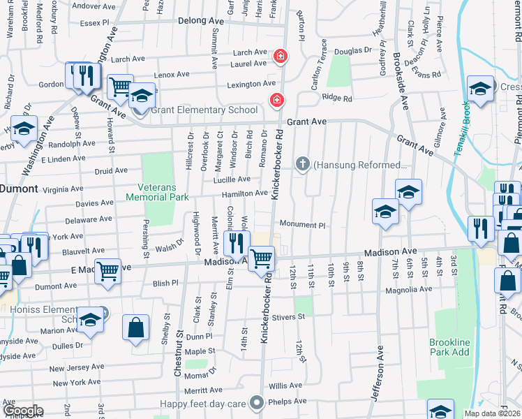map of restaurants, bars, coffee shops, grocery stores, and more near 90 Knickerbocker Road in Dumont
