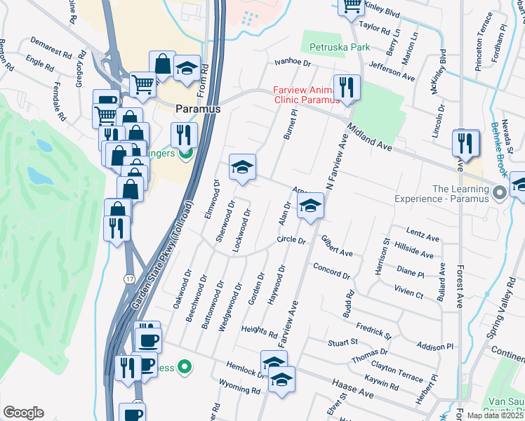 map of restaurants, bars, coffee shops, grocery stores, and more near 343 Maplewood Drive in Paramus