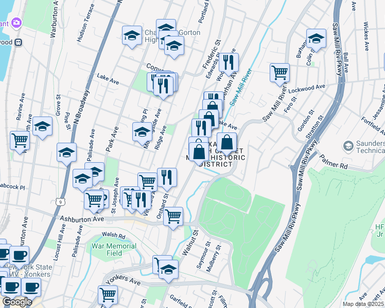 map of restaurants, bars, coffee shops, grocery stores, and more near 70 Moquette Row South in Yonkers