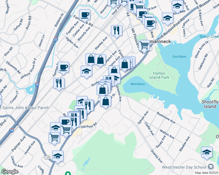 map of restaurants, bars, coffee shops, grocery stores, and more near 114 Rockland Avenue in Mamaroneck