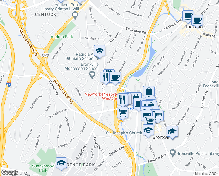 map of restaurants, bars, coffee shops, grocery stores, and more near 56 Pondfield Road West in Bronxville