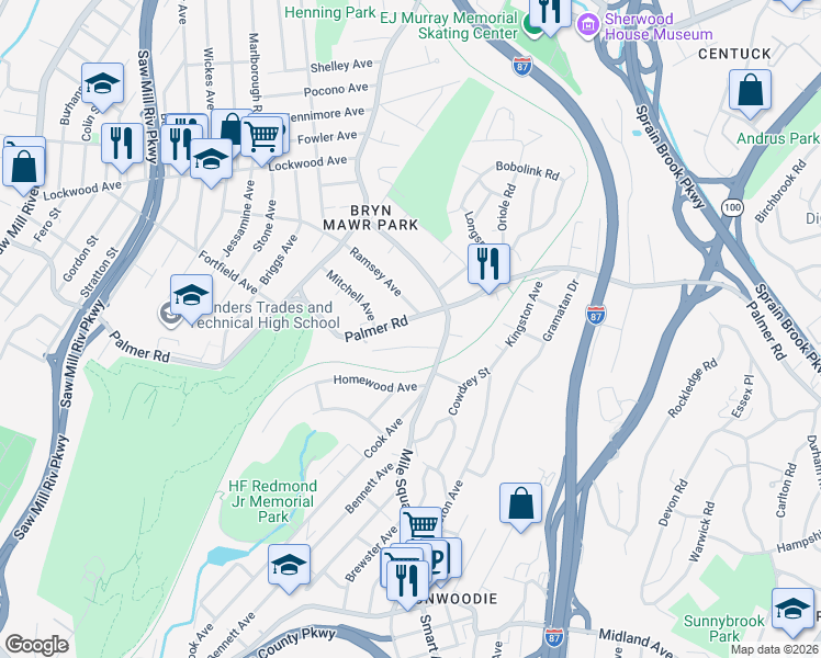 map of restaurants, bars, coffee shops, grocery stores, and more near 404 Palmer Road in Yonkers