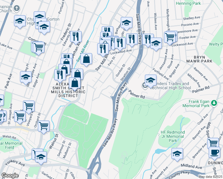 map of restaurants, bars, coffee shops, grocery stores, and more near 44 Troy Lane in Yonkers