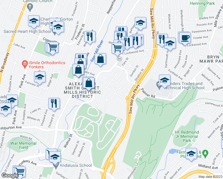 map of restaurants, bars, coffee shops, grocery stores, and more near 5 Lennon Avenue in Yonkers