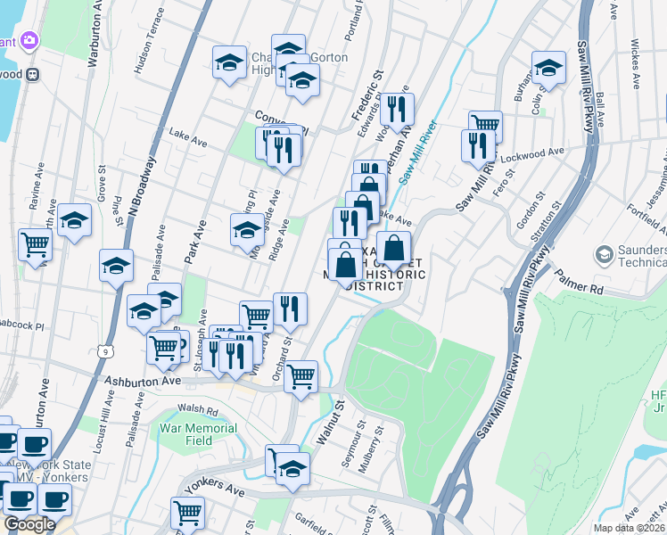 map of restaurants, bars, coffee shops, grocery stores, and more near 70 Moquette Row South in Yonkers