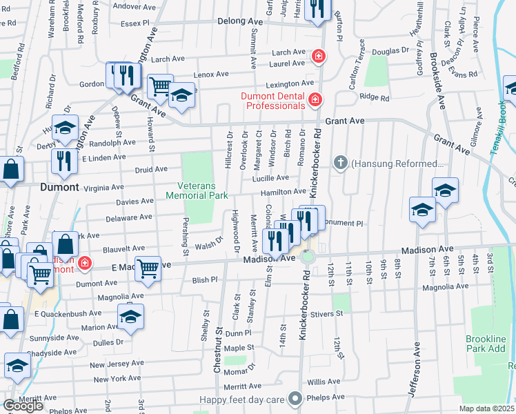 map of restaurants, bars, coffee shops, grocery stores, and more near 79 Merritt Avenue in Dumont
