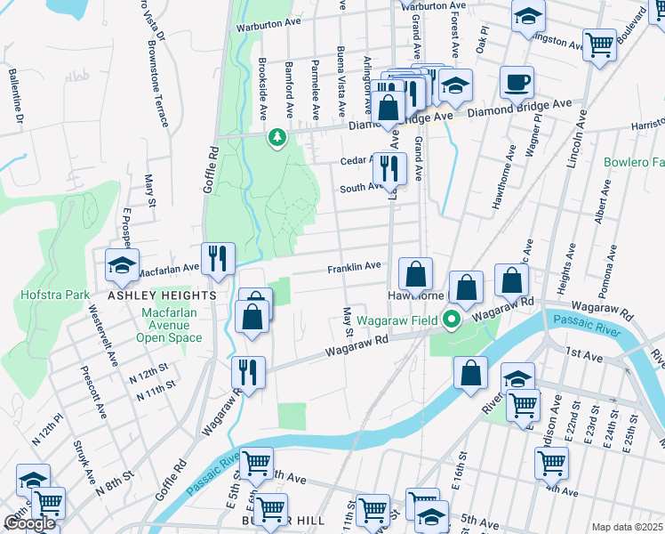 map of restaurants, bars, coffee shops, grocery stores, and more near 100 Maitland Avenue in Hawthorne