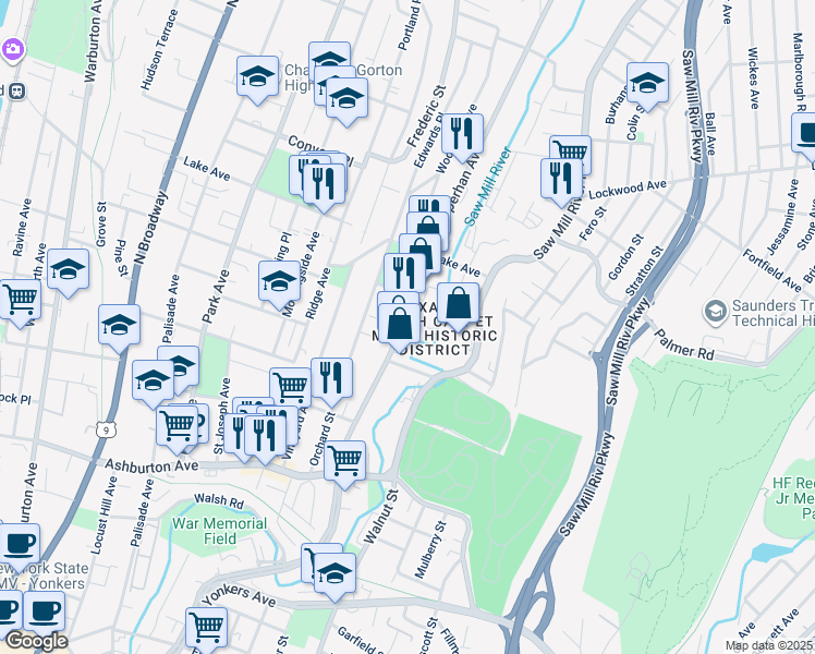 map of restaurants, bars, coffee shops, grocery stores, and more near 70 Moquette Row South in Yonkers