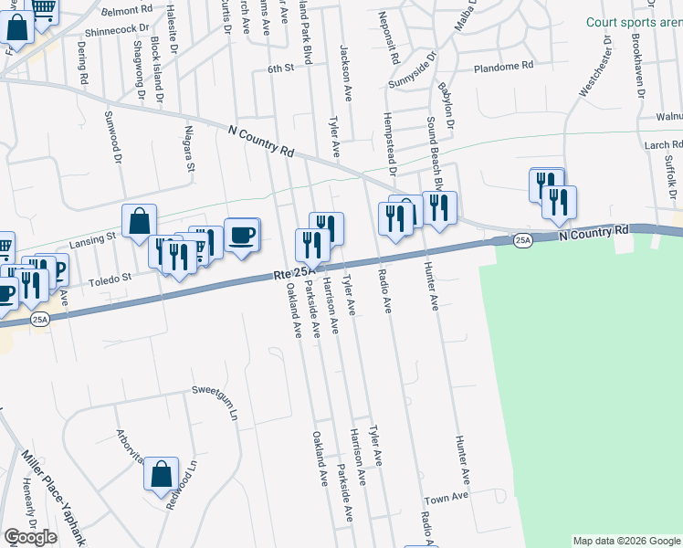 map of restaurants, bars, coffee shops, grocery stores, and more near 837 New York 25A in Miller Place