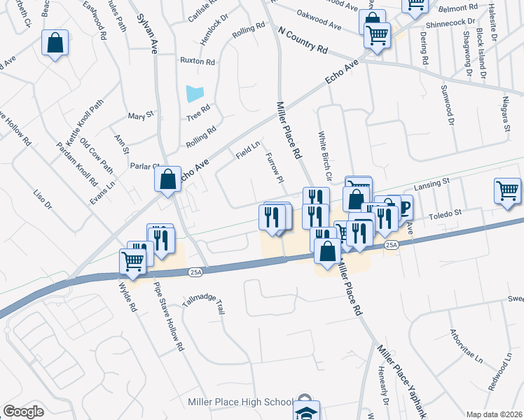 map of restaurants, bars, coffee shops, grocery stores, and more near 17 Miller Farms Drive in Miller Place