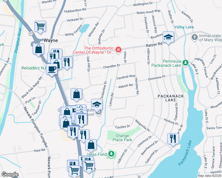 map of restaurants, bars, coffee shops, grocery stores, and more near 36 Lenox Road in Wayne