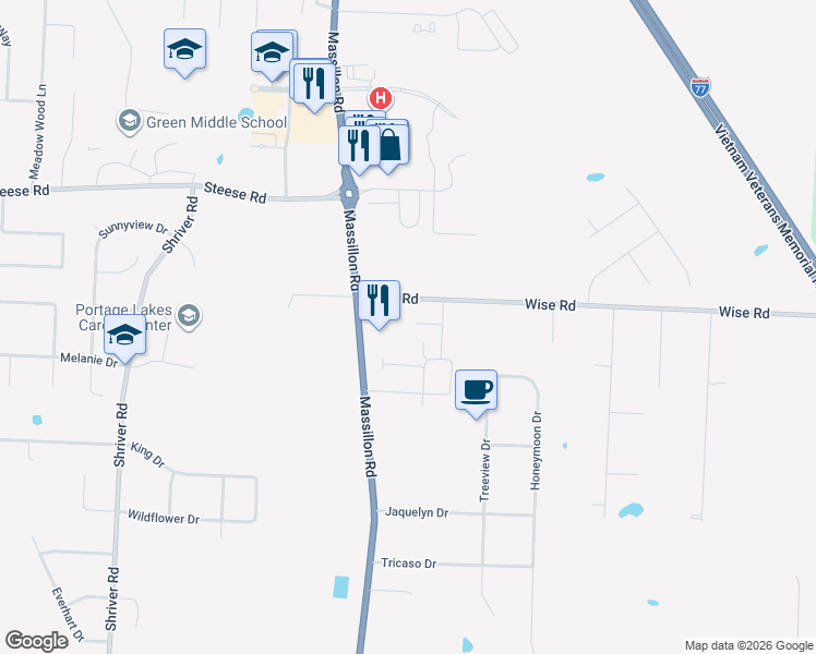 map of restaurants, bars, coffee shops, grocery stores, and more near 1848 Wise Road in North Canton