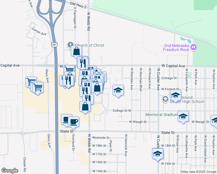 map of restaurants, bars, coffee shops, grocery stores, and more near 24-31 Saint James Place in Grand Island