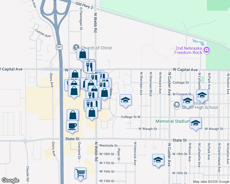 map of restaurants, bars, coffee shops, grocery stores, and more near 24 Saint James Place in Grand Island